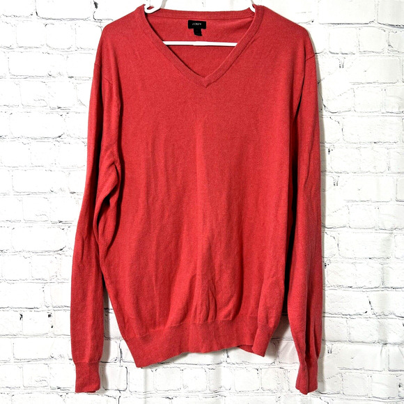 J Crew Sweater Men Large Red Cotton Cashmere Blend V Neck Knit Long Sleeve JCREW - Picture 1 of 11
